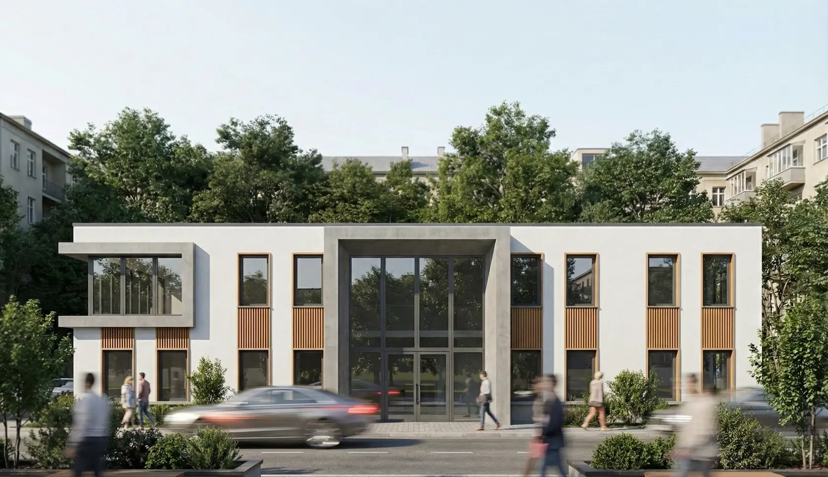 Biały budynek biurowy z drewnianymi lamelami i wysokim przeszklonym wejściem