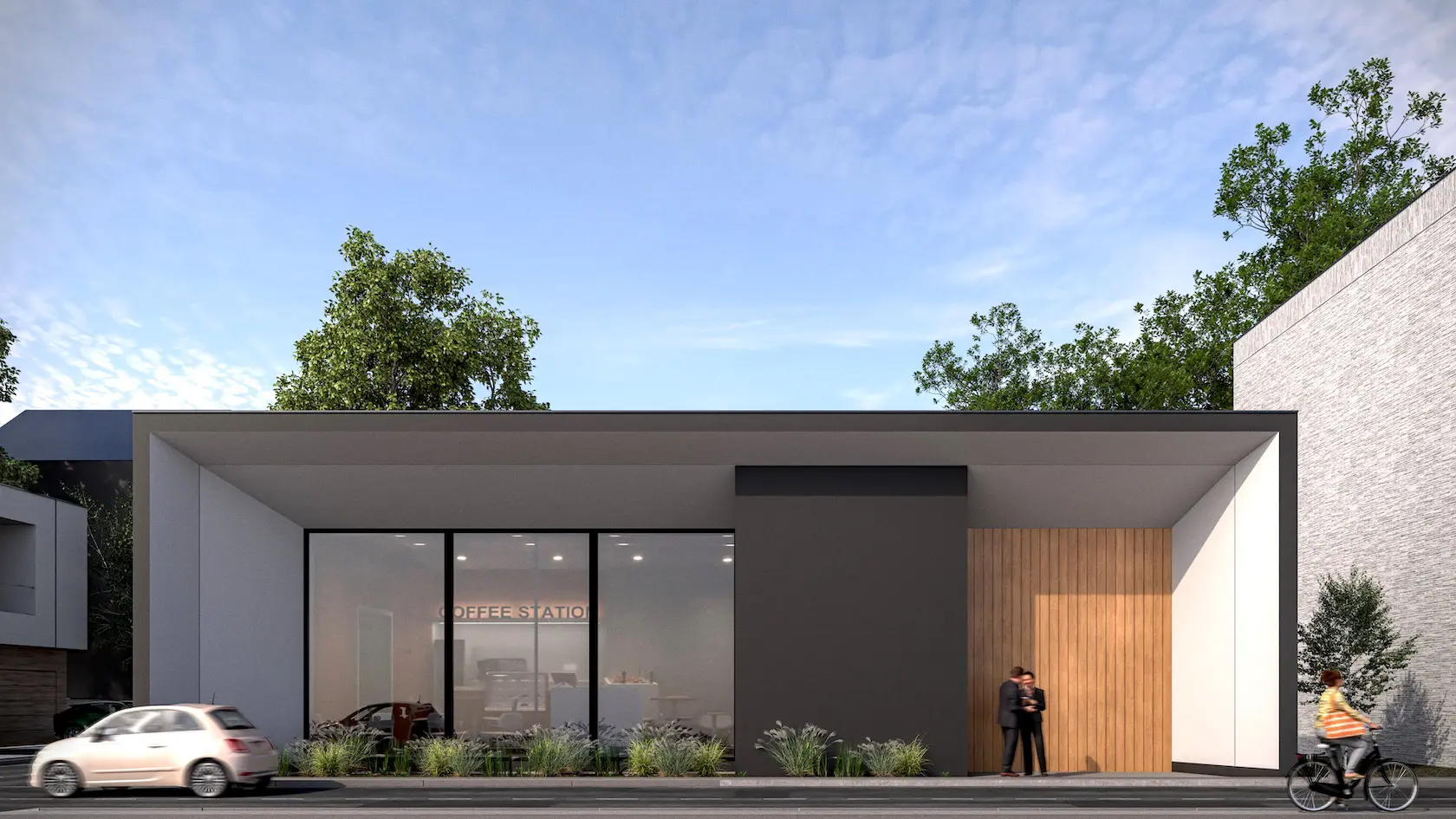 Parterowy pawilon Coffee Station z czarną elewacją, drewnem i dużymi szybami