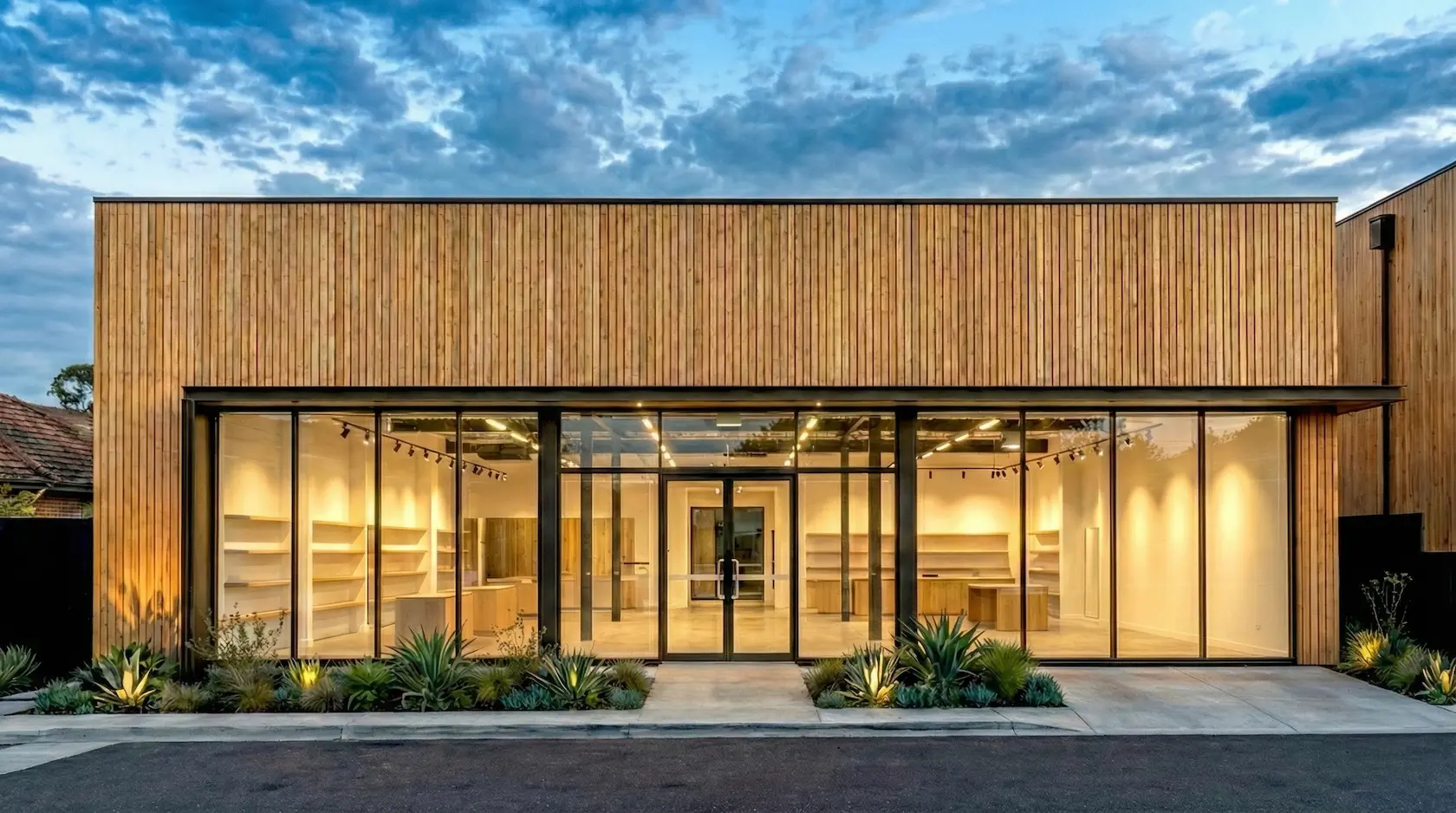 Drewniany showroom z szeroką szklaną fasadą i oświetlonym wnętrzem wieczorem