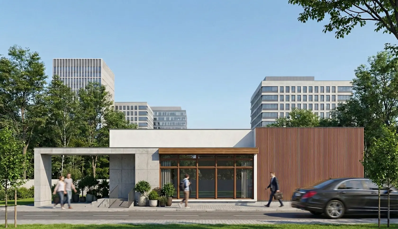 Parterowy pawilon komercyjny z betonową ramą, drewnianą elewacją i przeszkleniami