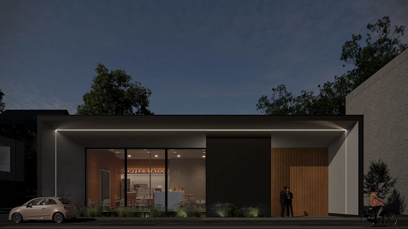 Minimalistyczny pawilon Coffee Station nocą z podświetloną ramą elewacji